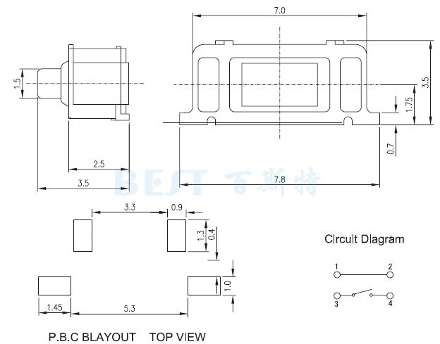 3.5*7側按輕觸開關規(guī)格圖紙